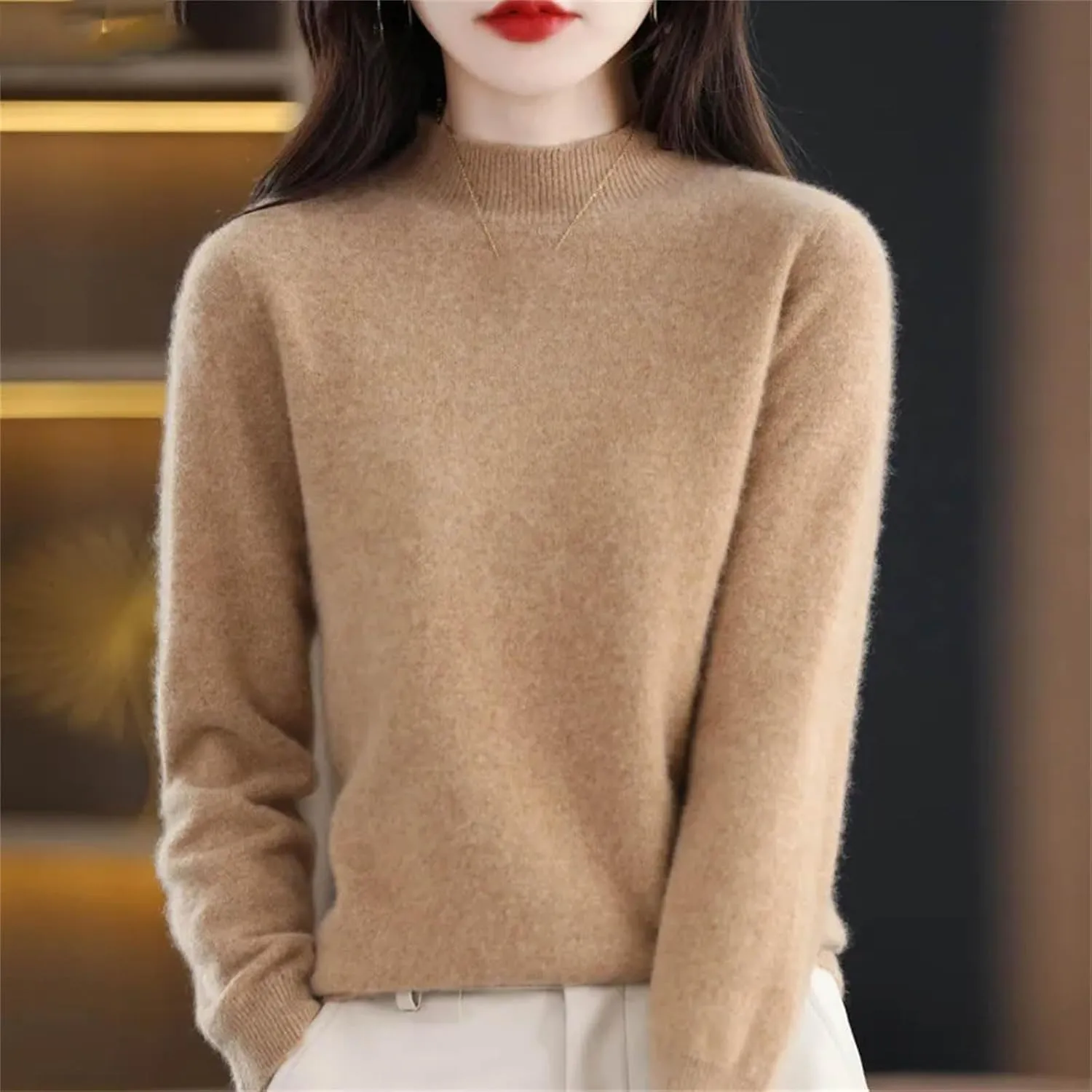 Women Pullover Wool Sweater Half Turtleneck Cashmere Jumper Basal Top Female Jacket