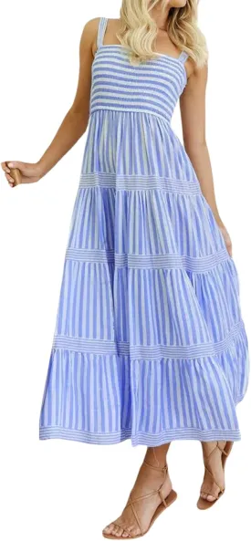 Women Spaghetti Strap Tiered Flowy Midi Dress Striped Sleeveless Square Neck Beach Vacation Long Sundress