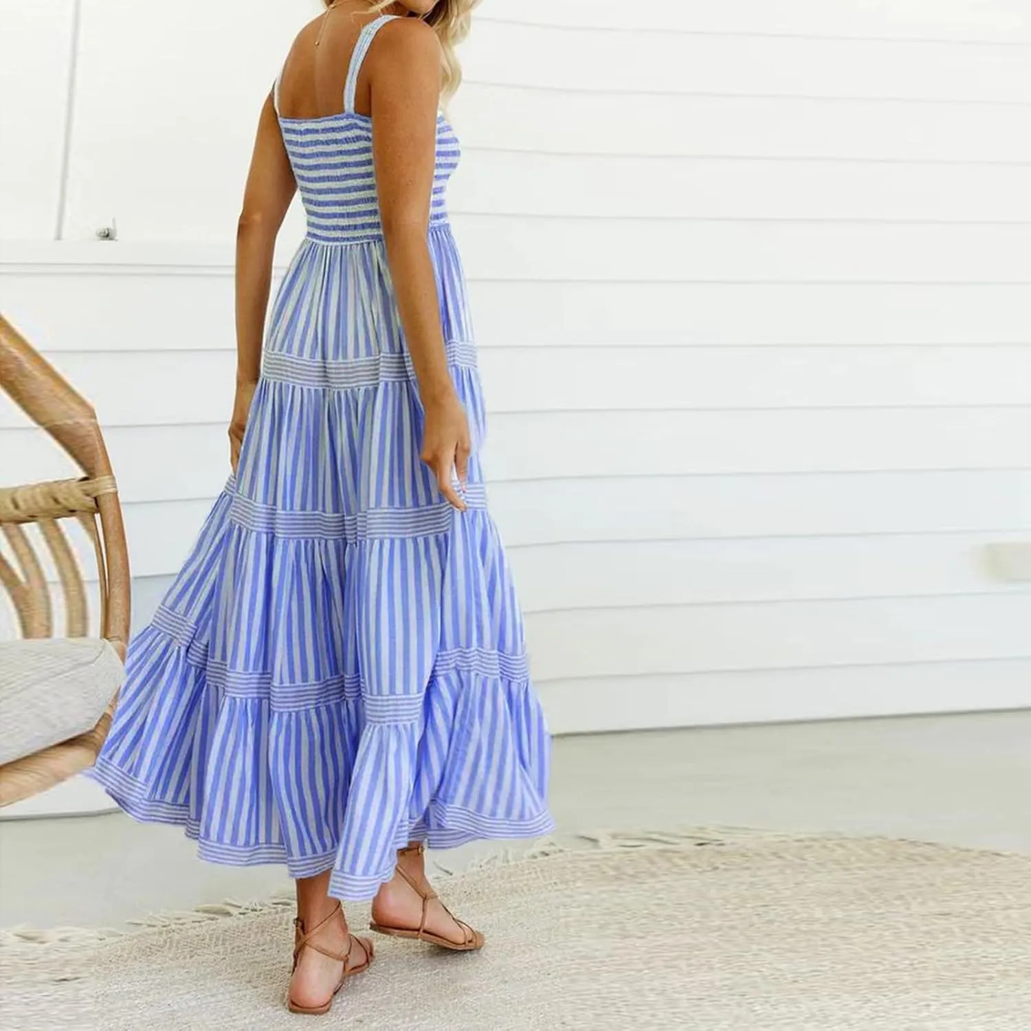 Women Spaghetti Strap Tiered Flowy Midi Dress Striped Sleeveless Square Neck Beach Vacation Long Sundress