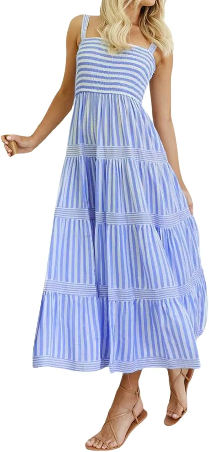 Women Spaghetti Strap Tiered Flowy Midi Dress Striped Sleeveless Square Neck Beach Vacation Long Sundress