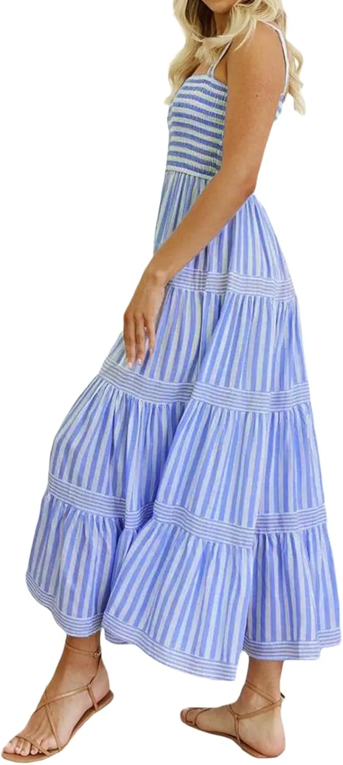 Women Spaghetti Strap Tiered Flowy Midi Dress Striped Sleeveless Square Neck Beach Vacation Long Sundress