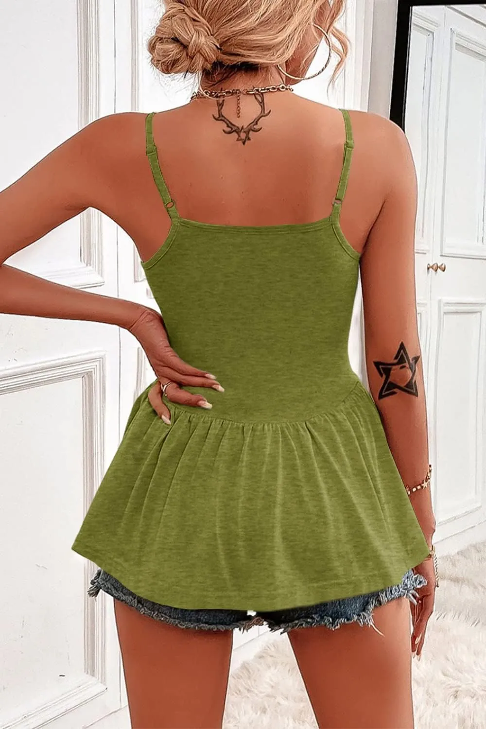 Women's Adjustable Spaghetti Strap Tank Tops Sleeveless Peplum Summer Cami Shirt