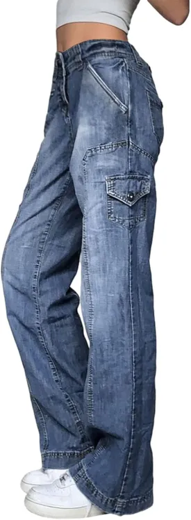 Women's Baggy Denim Pants High Waisted Y2K Wide Leg Oversized Plus Size Boyfriend Cargo Jeans Streetwear Trousers