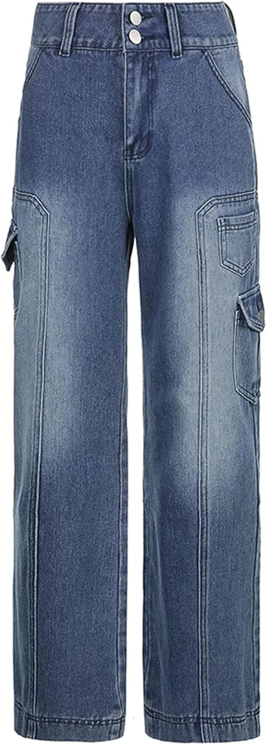 Women's Baggy Denim Pants High Waisted Y2K Wide Leg Oversized Plus Size Boyfriend Cargo Jeans Streetwear Trousers