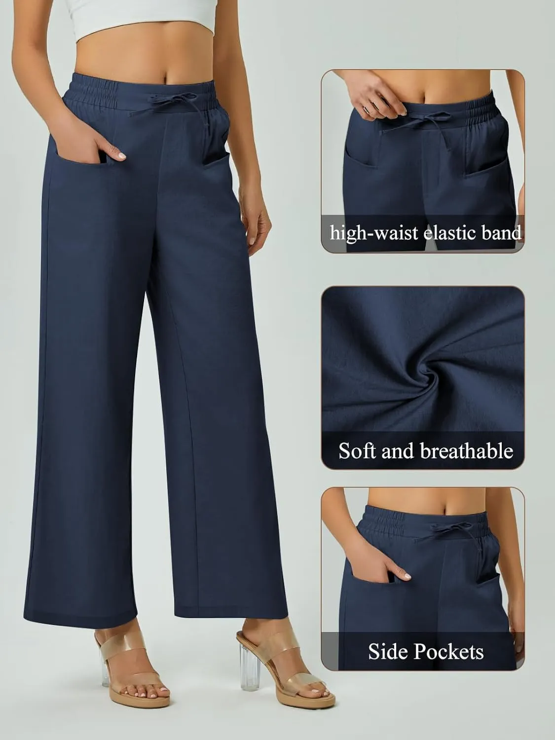 Women's Casual Linen Wide Leg Pants with Pockets Boho Palazzo High Waisted Drawstring Lounge Trousers