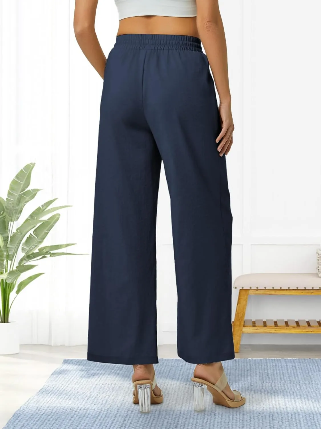 Women's Casual Linen Wide Leg Pants with Pockets Boho Palazzo High Waisted Drawstring Lounge Trousers