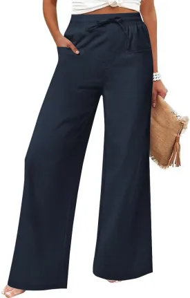 Women's Casual Linen Wide Leg Pants with Pockets Boho Palazzo High Waisted Drawstring Lounge Trousers
