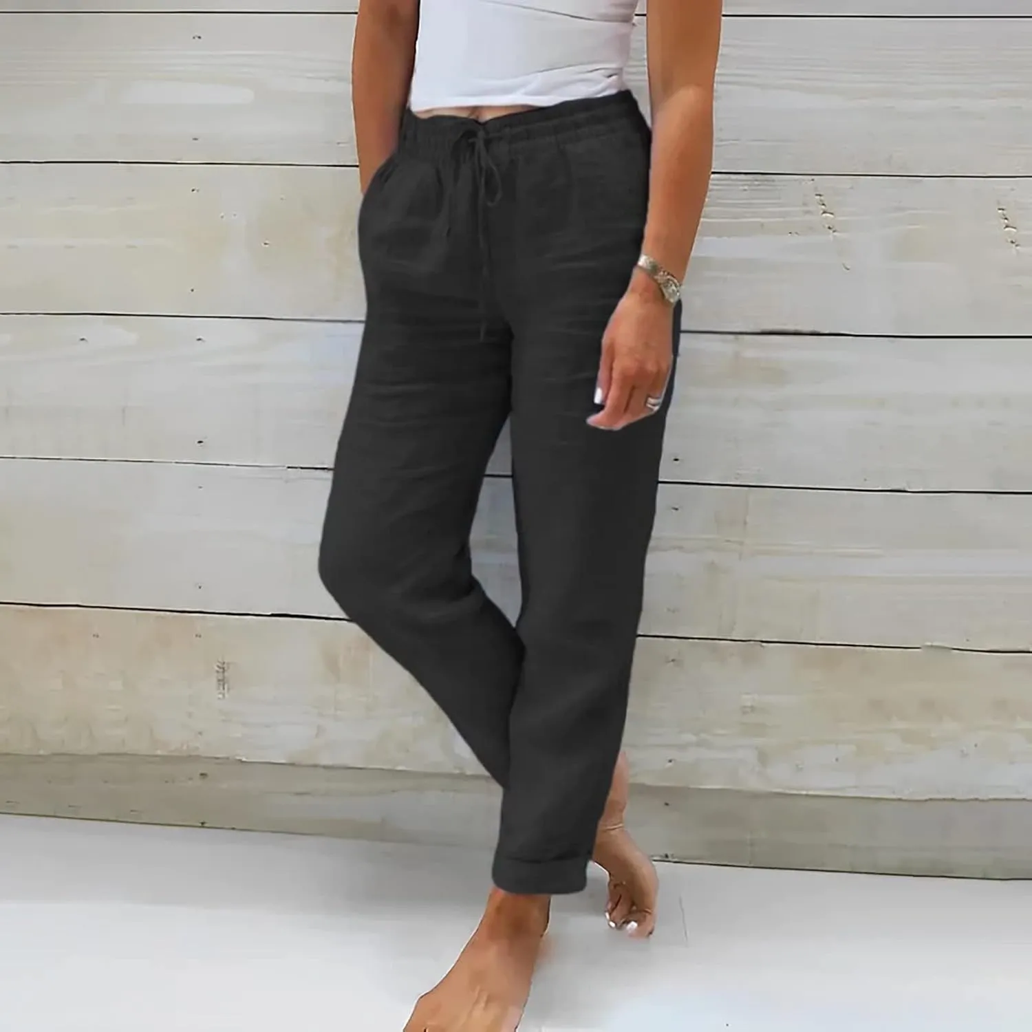 Womens Cotton Linen Pants Comfort Skinny Slim Straight Legged Lightweight Casual Trousers for Home Vacation