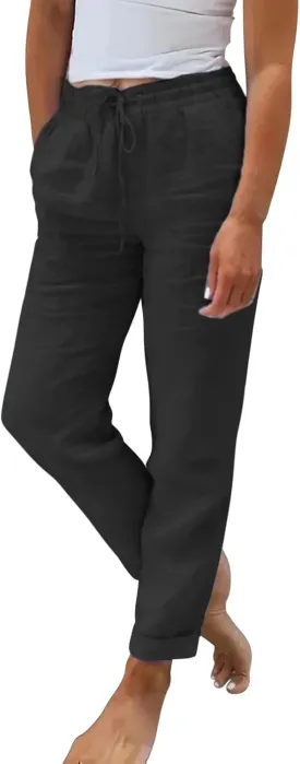 Womens Cotton Linen Pants Comfort Skinny Slim Straight Legged Lightweight Casual Trousers for Home Vacation