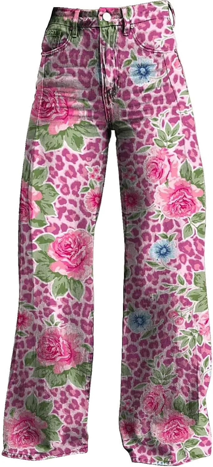 Women's Flare Jeans Wide Leg Baggy Pant Vintage Floral Printed High Waisted Straight Stretch Pants with Pockets