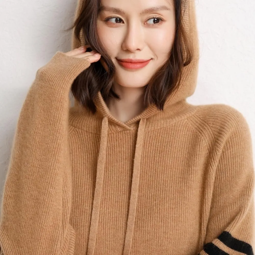 Women's Long Sleeve Hoodie Cashmere and Wool Blend Pullover Tops Sweater