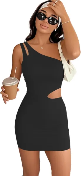 Womens Sexy One Shoulder Bodycon Mini Dress Cut Out Sleeveless Party Club Going Out Short Dresses