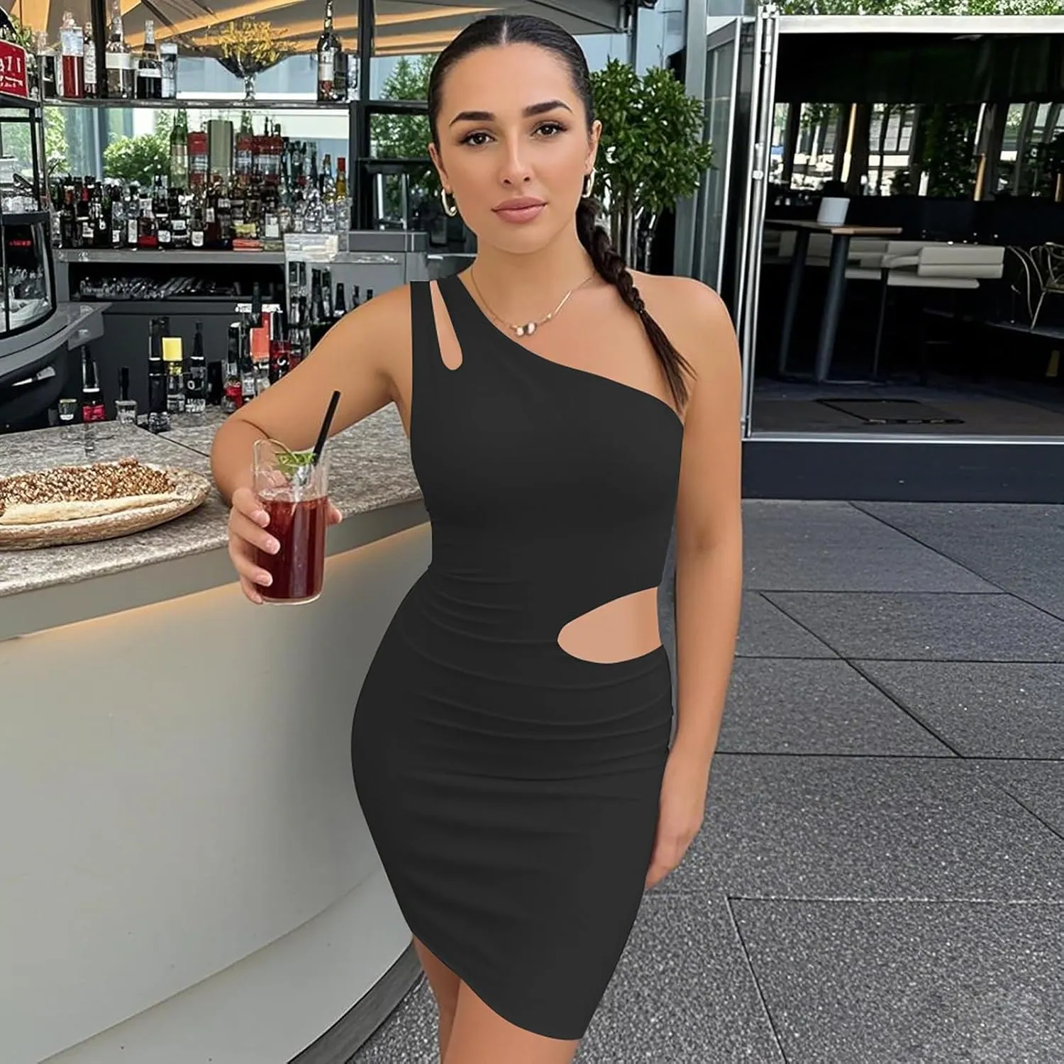 Womens Sexy One Shoulder Bodycon Mini Dress Cut Out Sleeveless Party Club Going Out Short Dresses